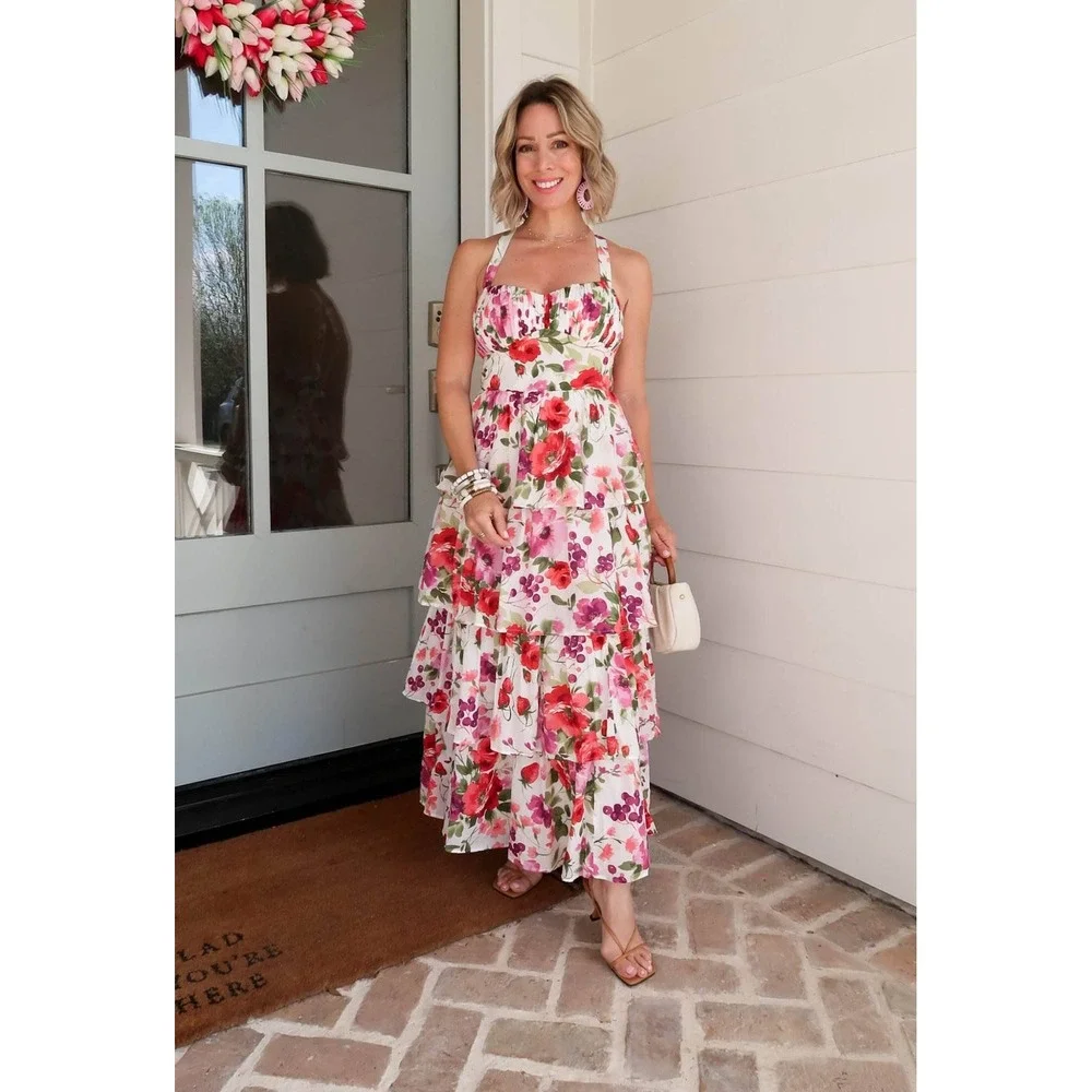 Abercrombie & Fitch Maxi Dress Women Small White Floral Tiered Tie Back Romantic